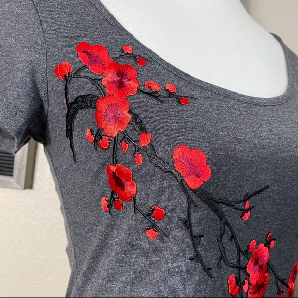 Custom Red Cherry Blossoms Gray Mini Knit Dress Sm - Picture 3 of 8